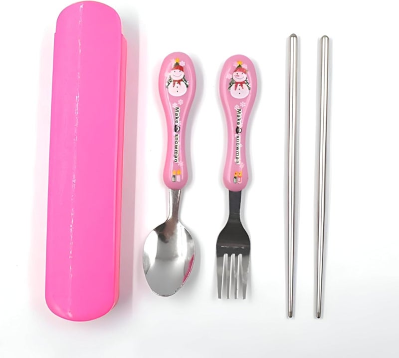 Children's cutlery-a multi-colored, cartoon-decorated tool set, including a fork, spoon and chopsticks in a portable case, designed for ease of Use and safety (3set random color)